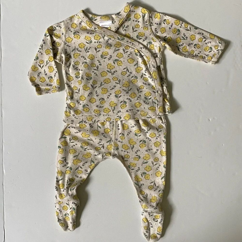 Hanna Andersson Outfit Size 3 6 Months Kimono Floral 2-Piece Yellow Flowers EUC